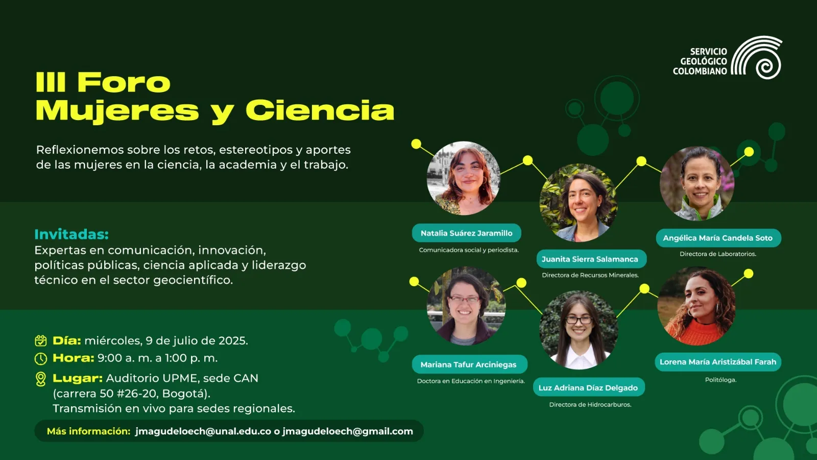 Afiche del III Foro Mujeres y Ciencia con la información del evento, Natalia Suárez y las demás invitadas.