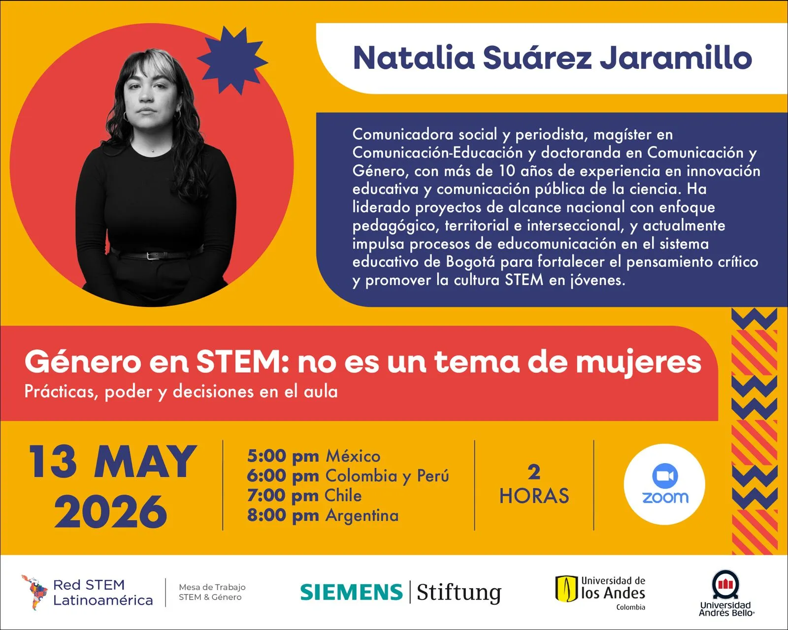 Afiche del encuentro Género en STEM con retrato de Natalia Suárez, información del evento y logos institucionales.